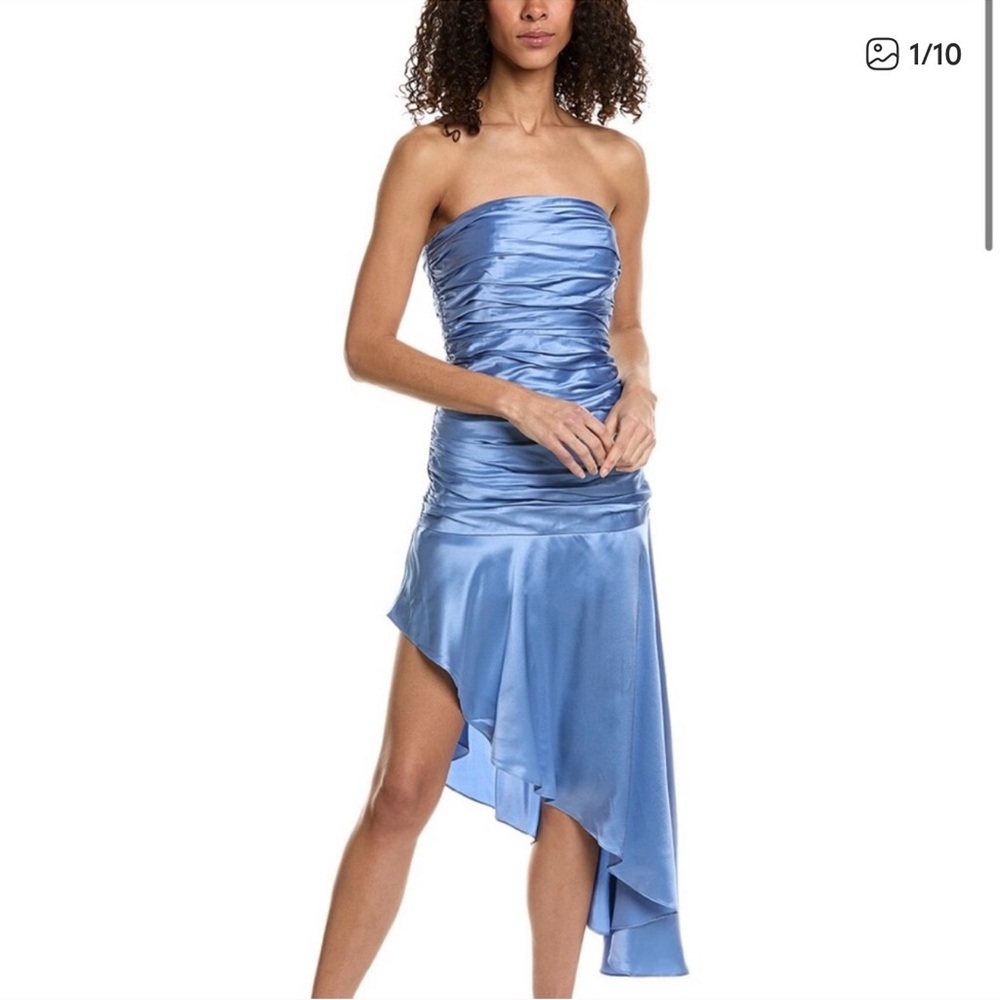 Cinq à Sept Strapless Blue Satin Midi Dress